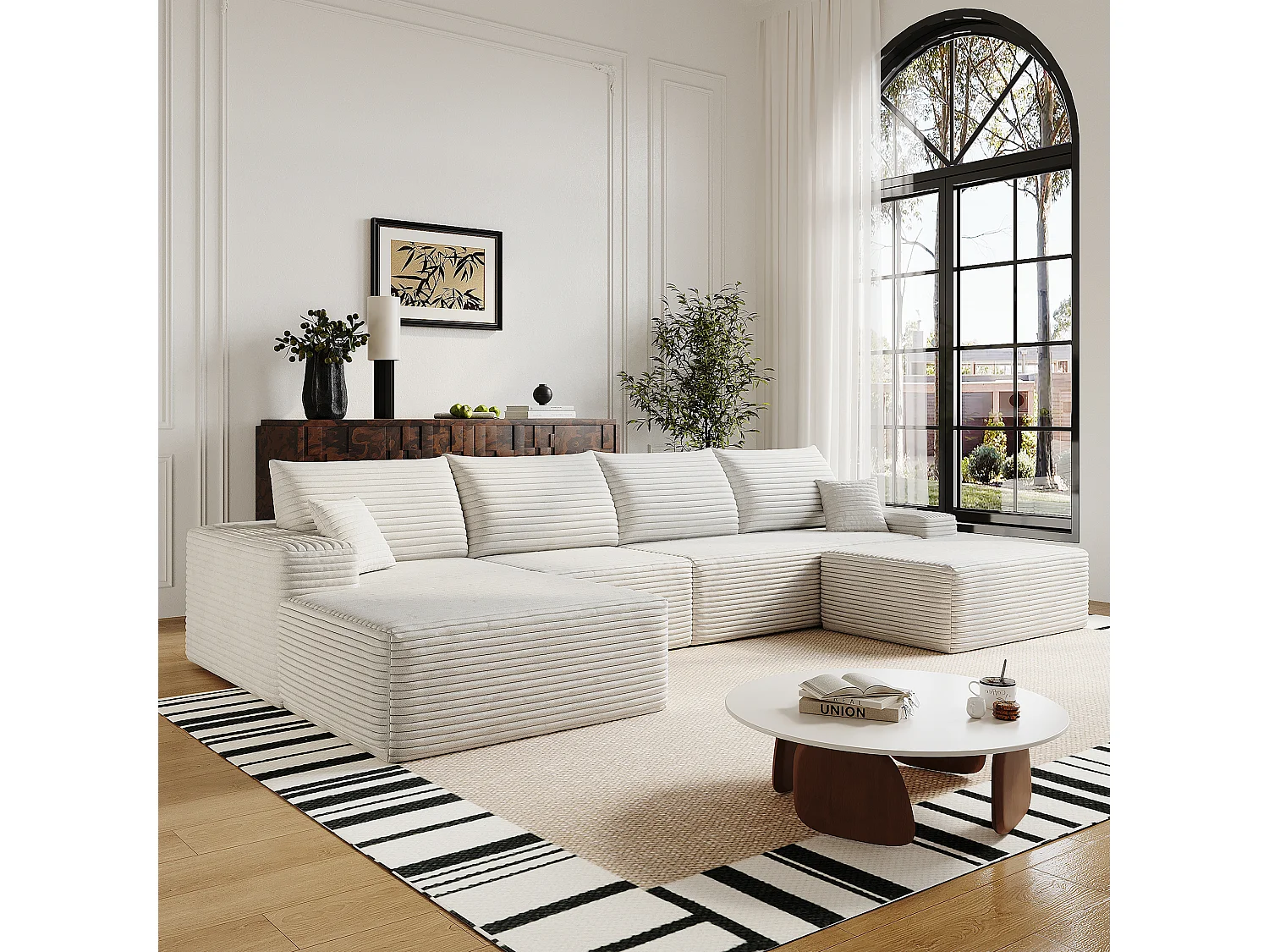 Canapé d'angle modulaire, en L à gauche, 5 places + un repose-pieds, coussins d'assise profonds, prêt à l'emploi, blanc