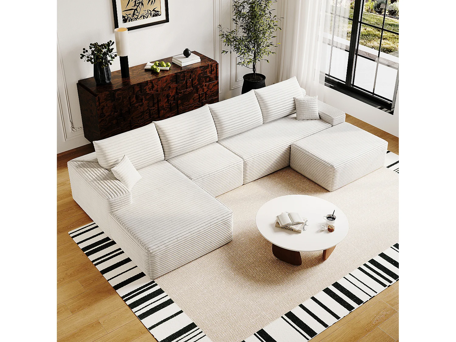 Canapé d'angle modulaire, en L à gauche, 5 places + un repose-pieds, coussins d'assise profonds, prêt à l'emploi, blanc