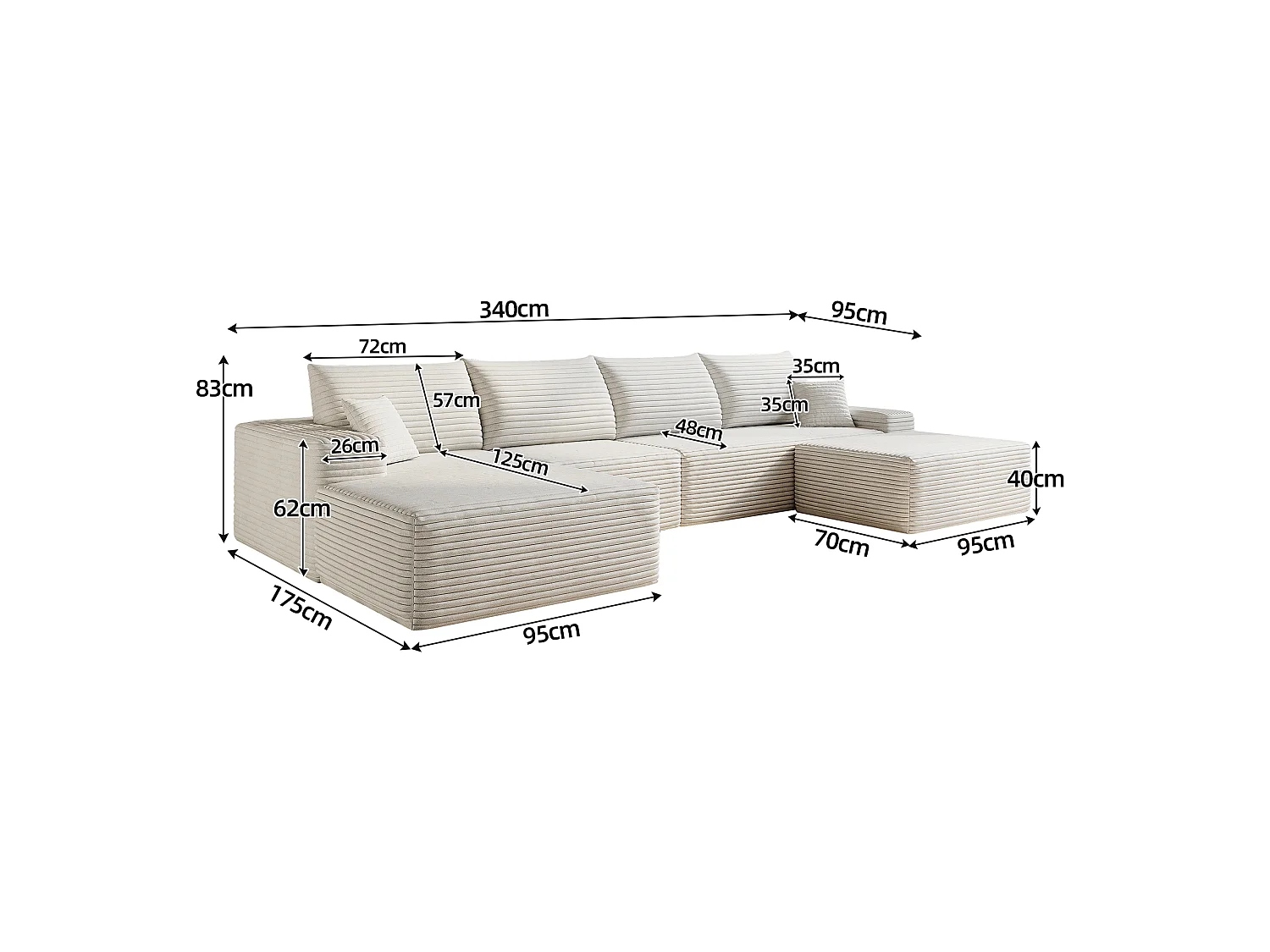 Canapé d'angle modulaire, en L à gauche, 5 places + un repose-pieds, coussins d'assise profonds, prêt à l'emploi, blanc