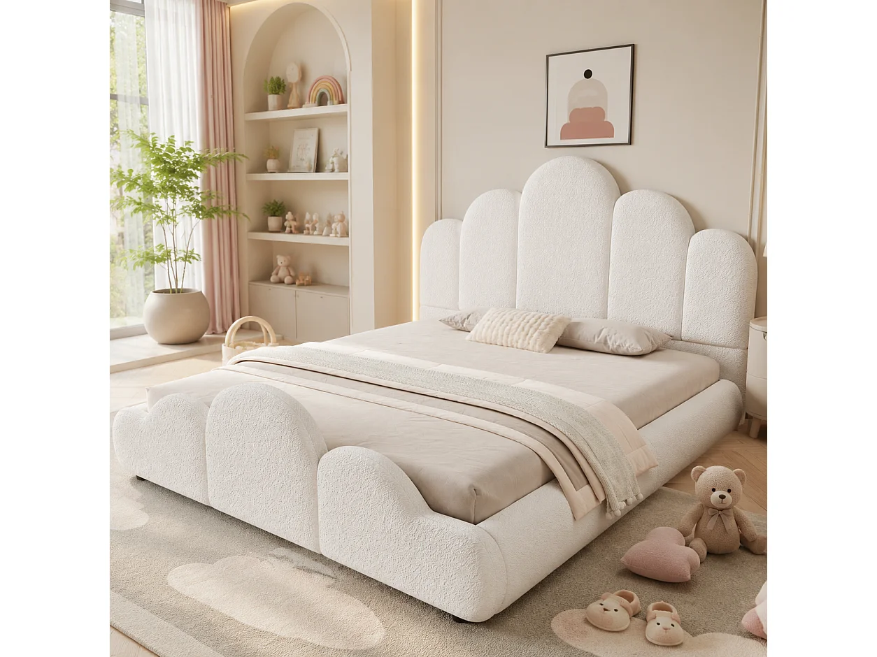 Lit d'enfant rembourré 140 x 200 cm, avec tête de lit rembourrée, coins arrondis, tissu bouclé, couleur beige