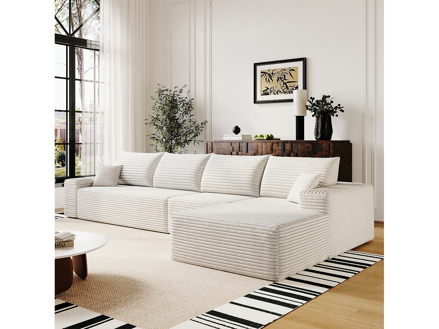 Canapé d'angle modulaire sans armature, en L à droite, avec des coussins d'assise profonds, prêt à l'emploi, blanc
