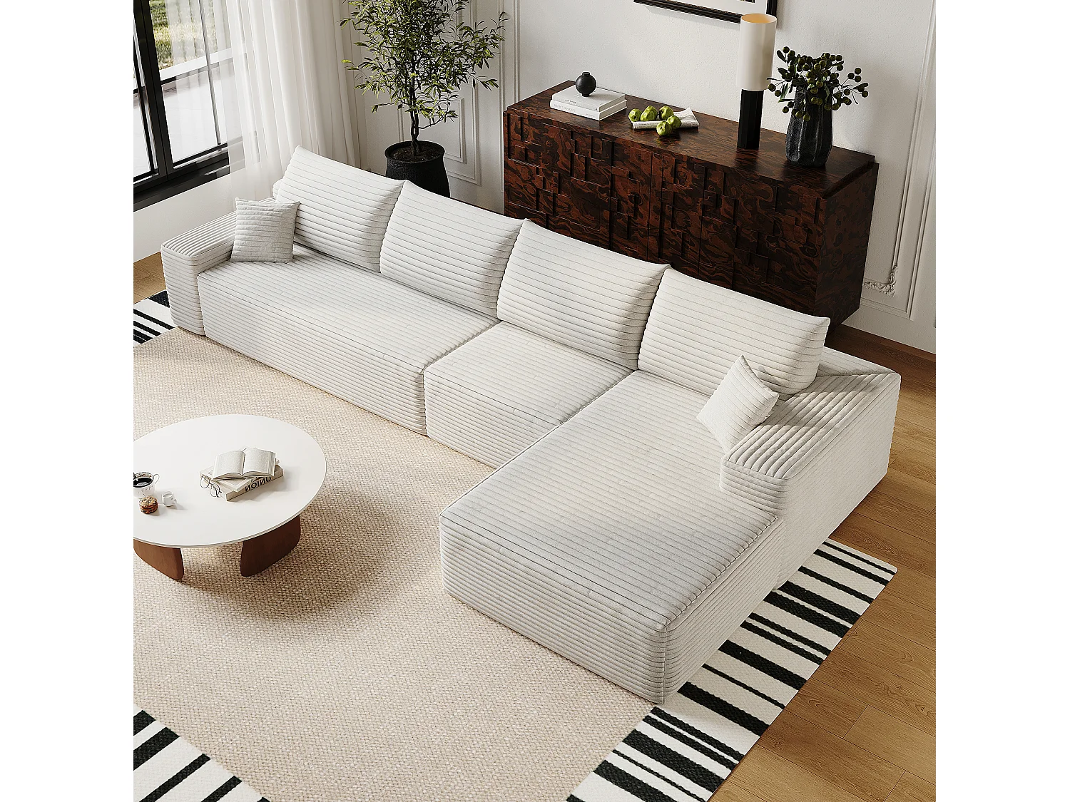 Canapé d'angle modulaire sans armature, en L à droite, avec des coussins d'assise profonds, prêt à l'emploi, blanc