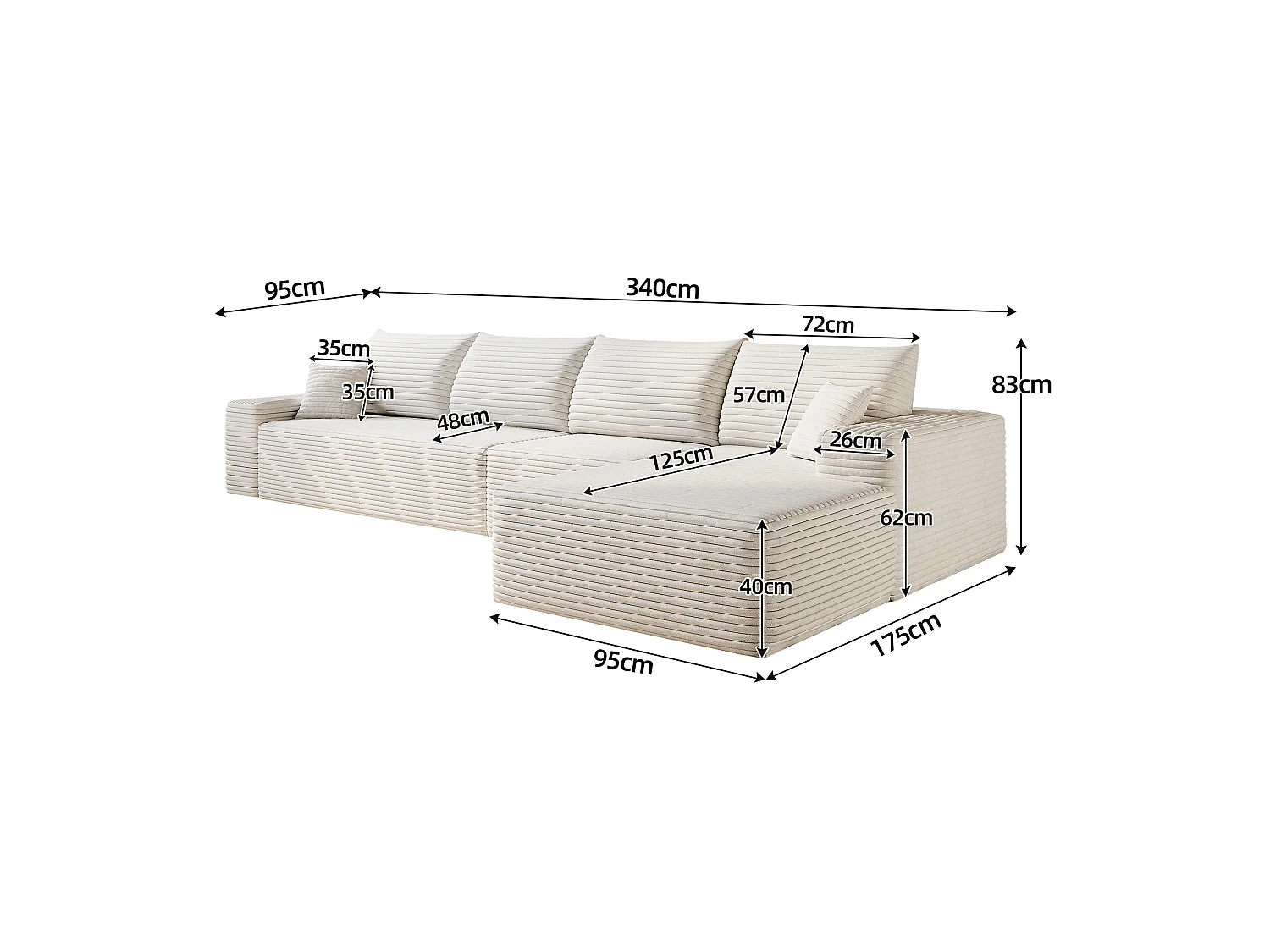 Canapé d'angle modulaire sans armature, en L à droite, avec des coussins d'assise profonds, prêt à l'emploi, blanc