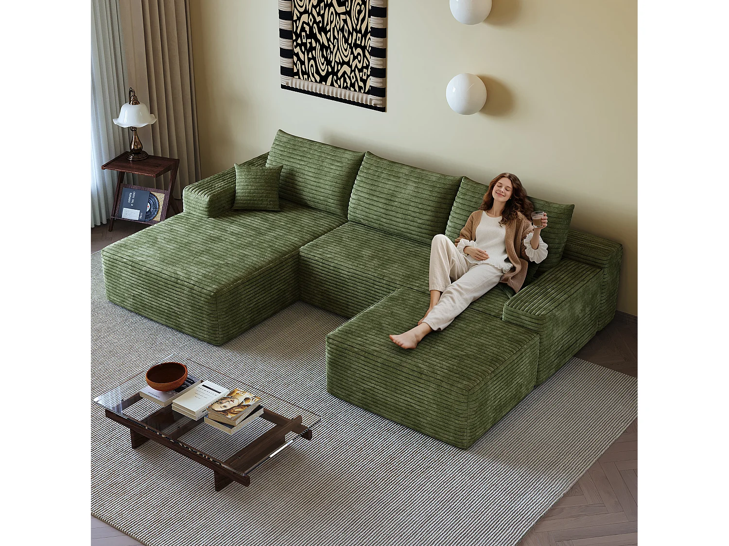 Canapé d'angle sans armature, en L à gauche, avec des coussins d'assise profonds, 2 places + 1 repose-pieds, prêt à l'emploi, vert