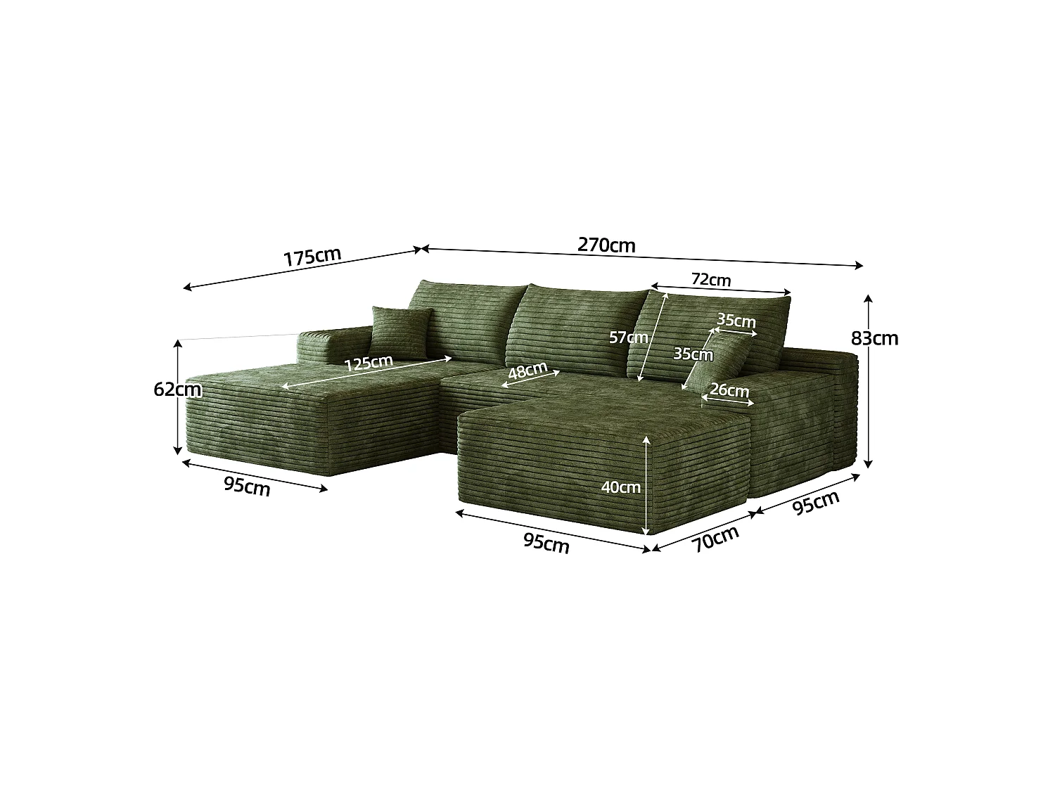 Canapé d'angle sans armature, en L à gauche, avec des coussins d'assise profonds, 2 places + 1 repose-pieds, prêt à l'emploi, vert
