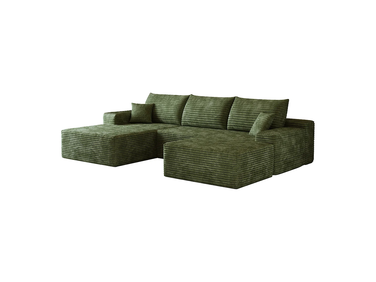 Canapé d'angle sans armature, en L à gauche, avec des coussins d'assise profonds, 2 places + 1 repose-pieds, prêt à l'emploi, vert