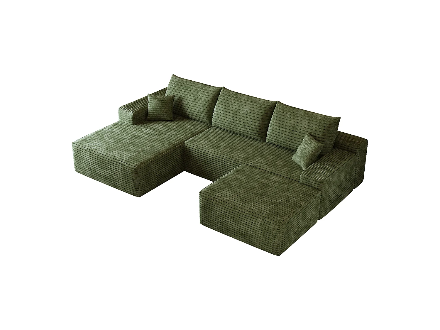 Canapé d'angle sans armature, en L à gauche, avec des coussins d'assise profonds, 2 places + 1 repose-pieds, prêt à l'emploi, vert