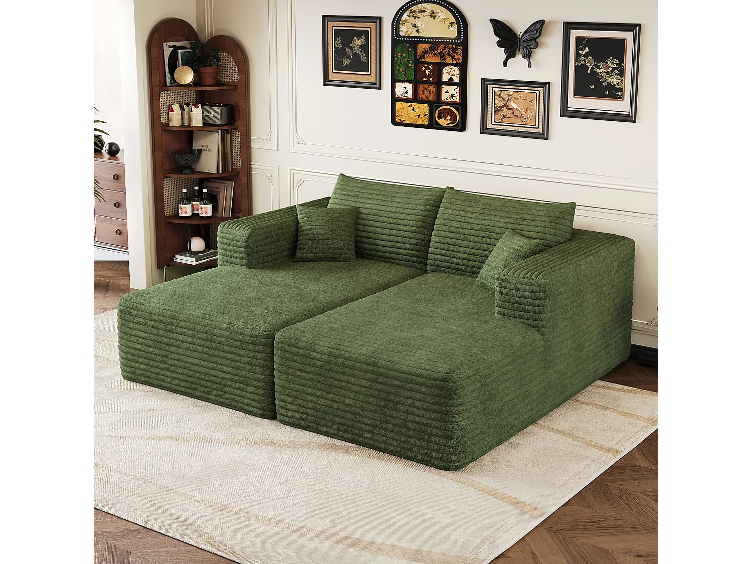 Canapé-lit en mousse pour salon, 180 × 151 cm, modulaire sans armature, style minimaliste moderne, en velours côtelé, vert
