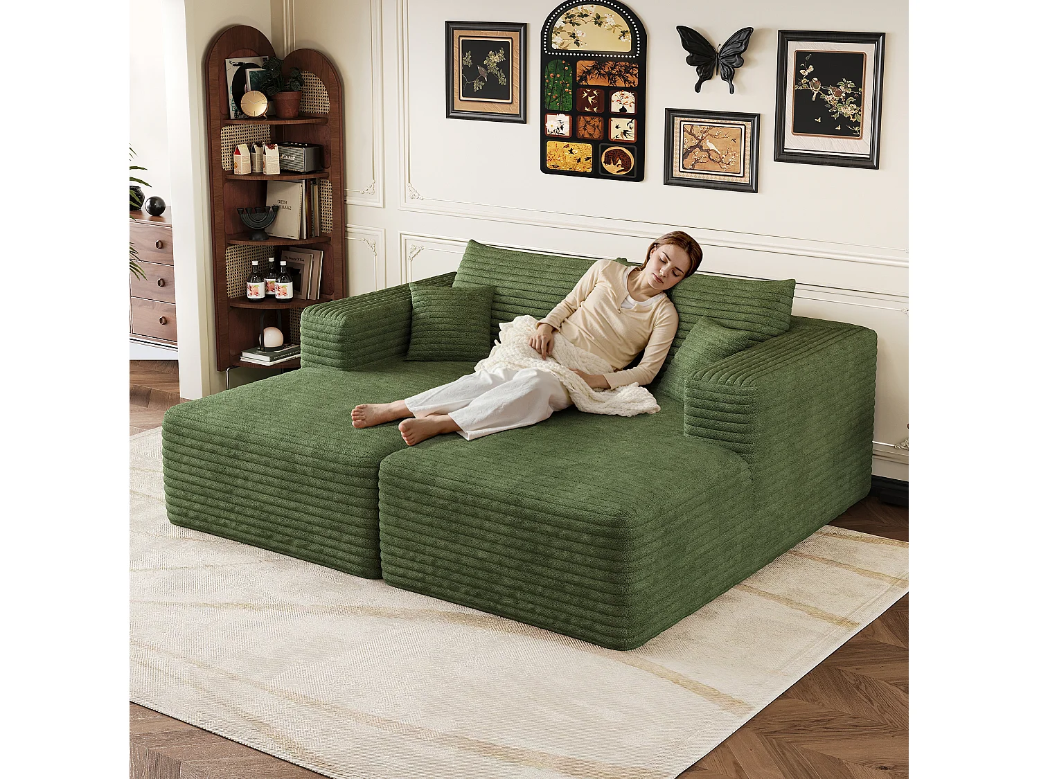 Canapé-lit en mousse pour salon, 180 × 151 cm, modulaire sans armature, style minimaliste moderne, en velours côtelé, vert