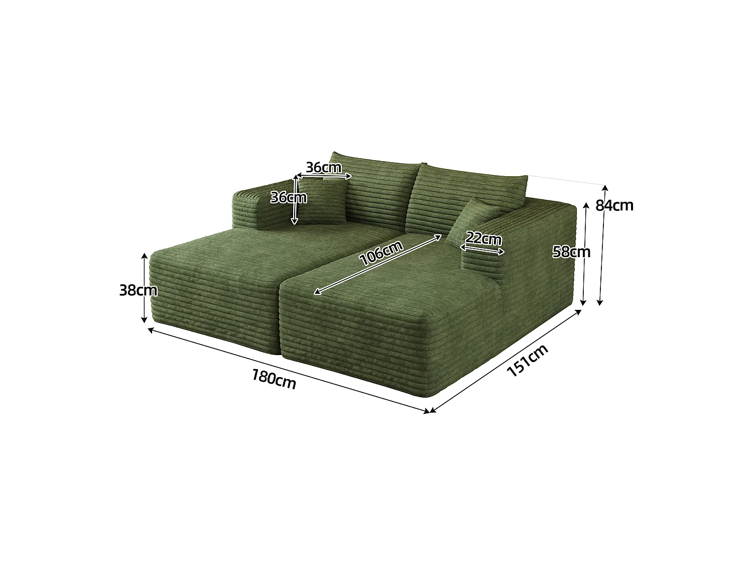 Canapé-lit en mousse pour salon, 180 × 151 cm, modulaire sans armature, style minimaliste moderne, en velours côtelé, vert