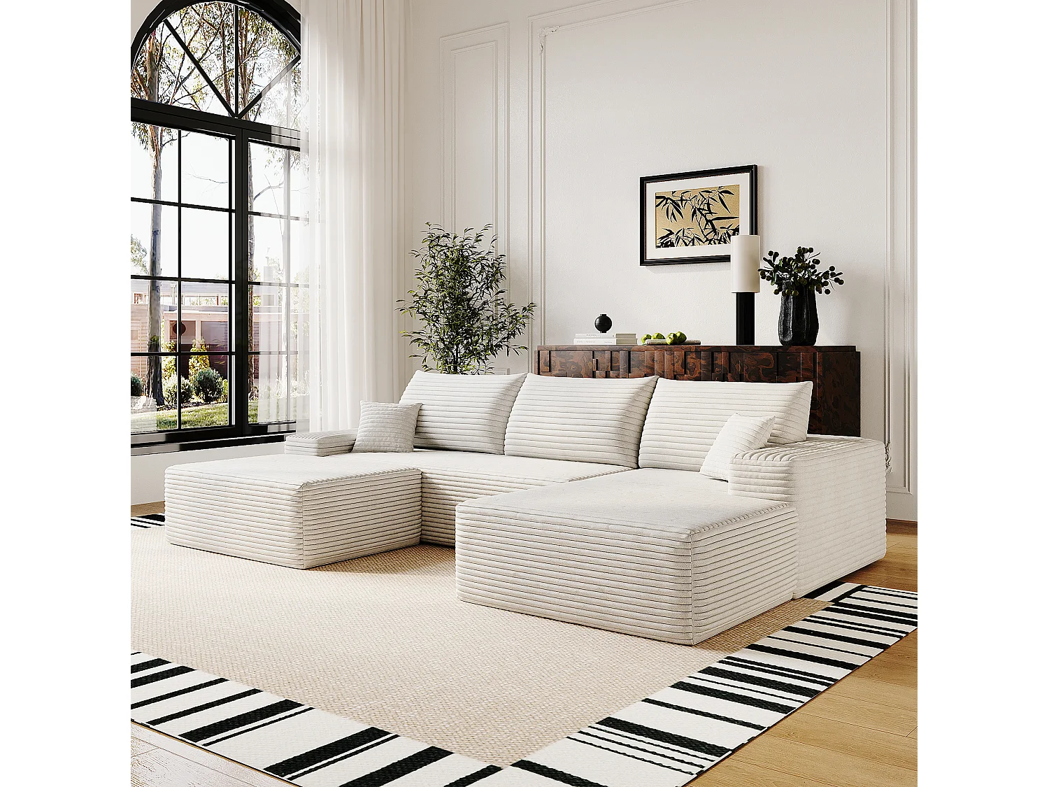Canapé d'angle sans armature, en L à droite, avec des coussins d'assise profonds, 2 places + 1 repose-pieds, prêt à l'emploi, blanc
