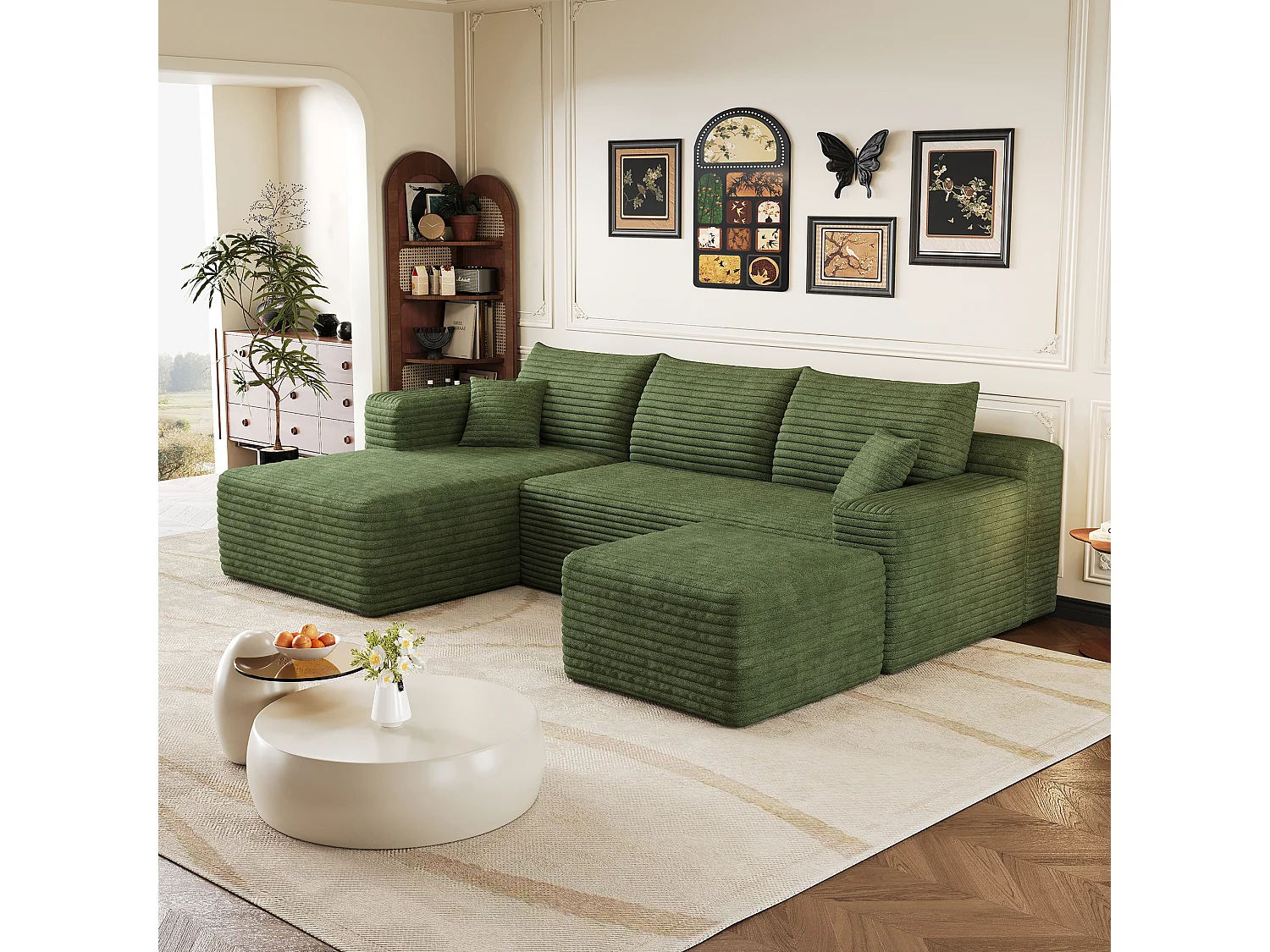 Canapé en L avec méridienne à gauche, assise profonde, style minimaliste moderne, motif « nuages », prêt à l'emploi, vert
