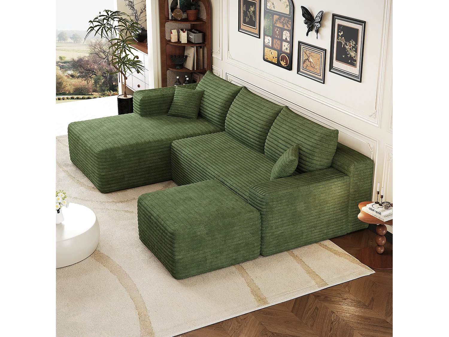 Canapé en L avec méridienne à gauche, assise profonde, style minimaliste moderne, motif « nuages », prêt à l'emploi, vert