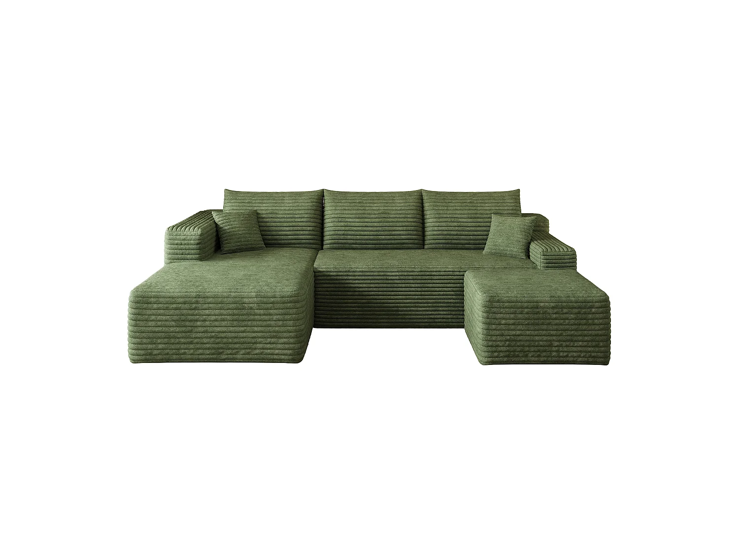 Canapé en L avec méridienne à gauche, assise profonde, style minimaliste moderne, motif « nuages », prêt à l'emploi, vert