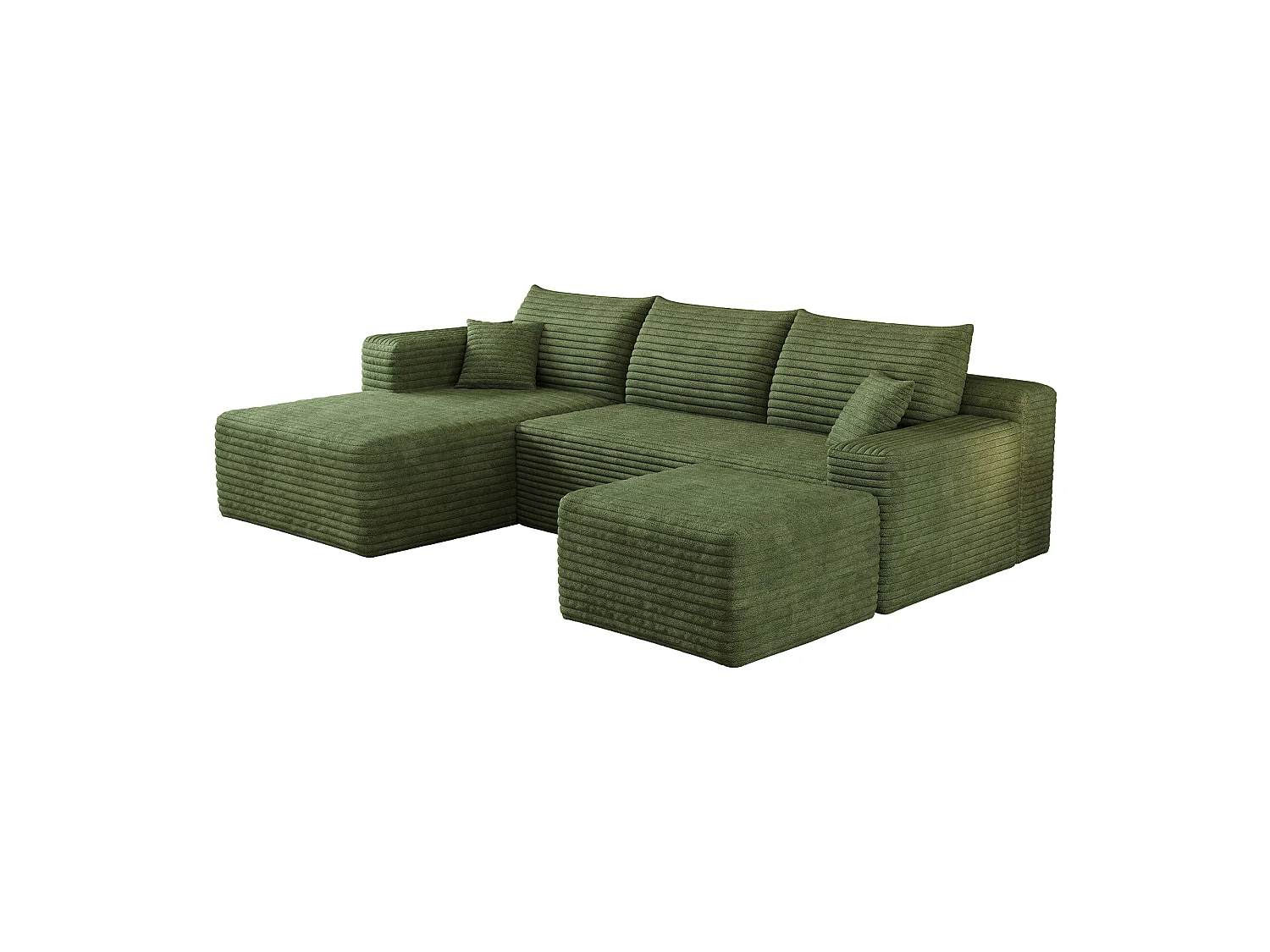 Canapé en L avec méridienne à gauche, assise profonde, style minimaliste moderne, motif « nuages », prêt à l'emploi, vert
