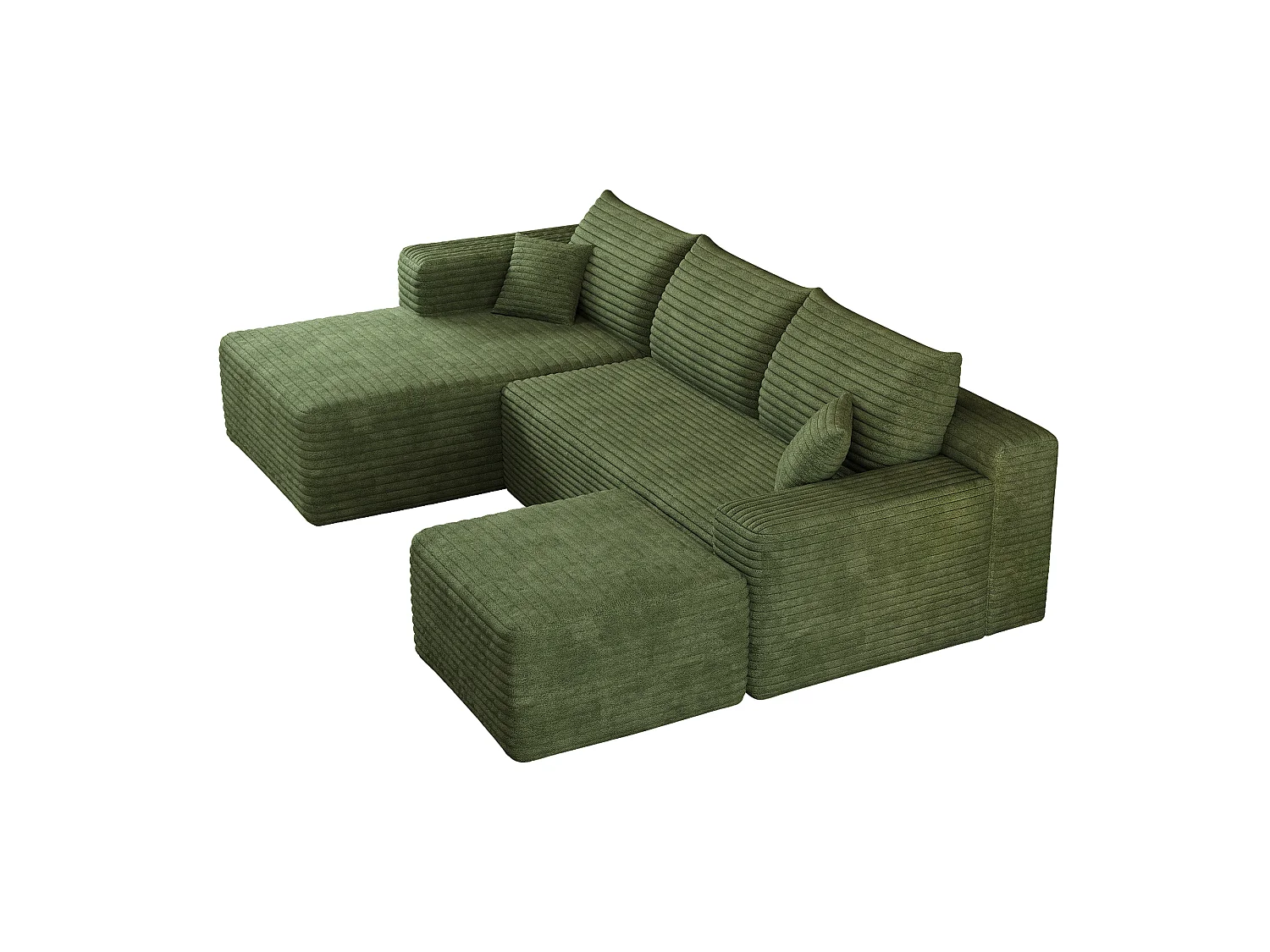Canapé en L avec méridienne à gauche, assise profonde, style minimaliste moderne, motif « nuages », prêt à l'emploi, vert