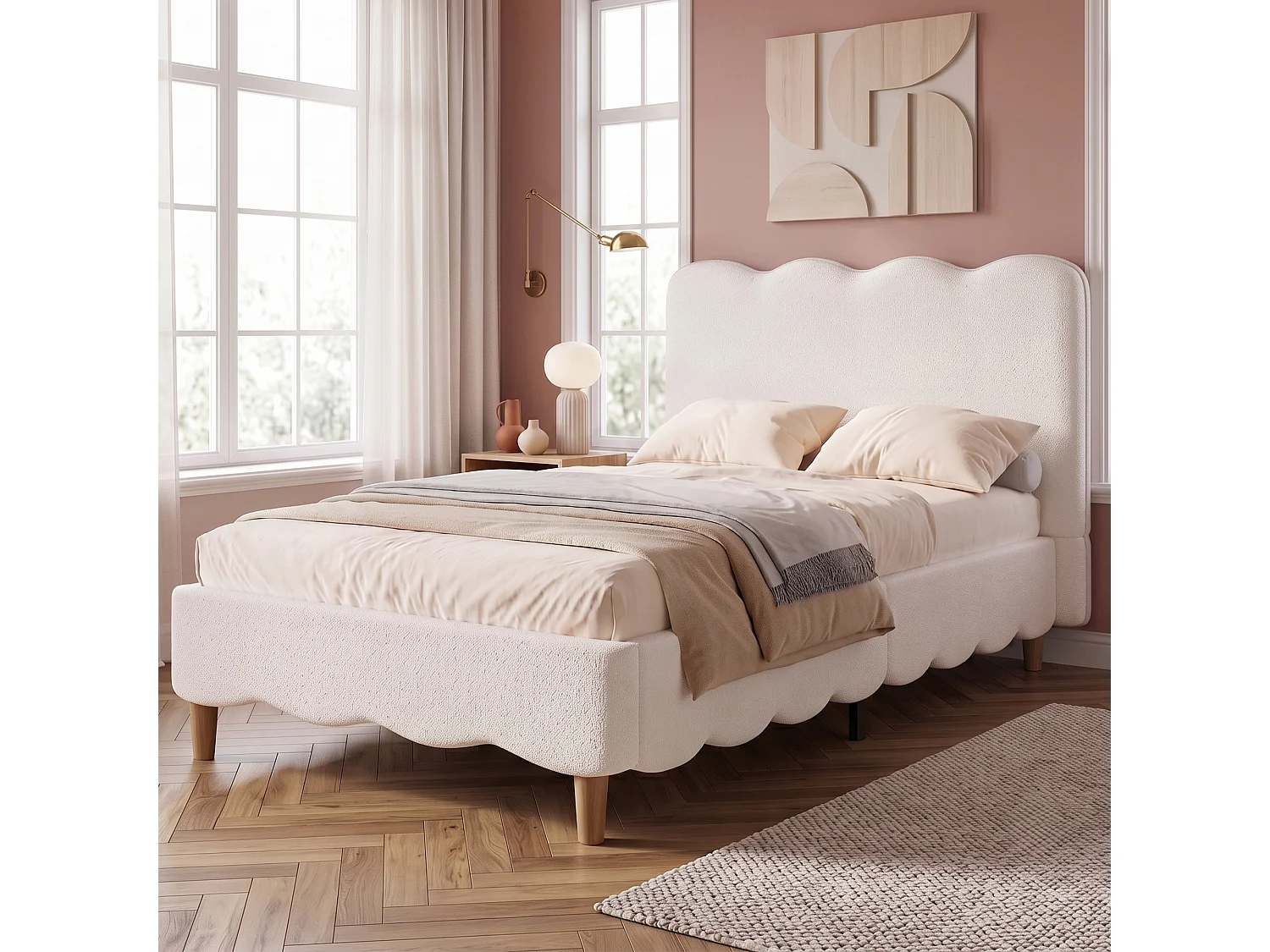 Cama infantil 90 x 200 cm, com base de colchão e cabeceira, pés em madeira maciça, cabeceira estofada, tecido felpudo, branco