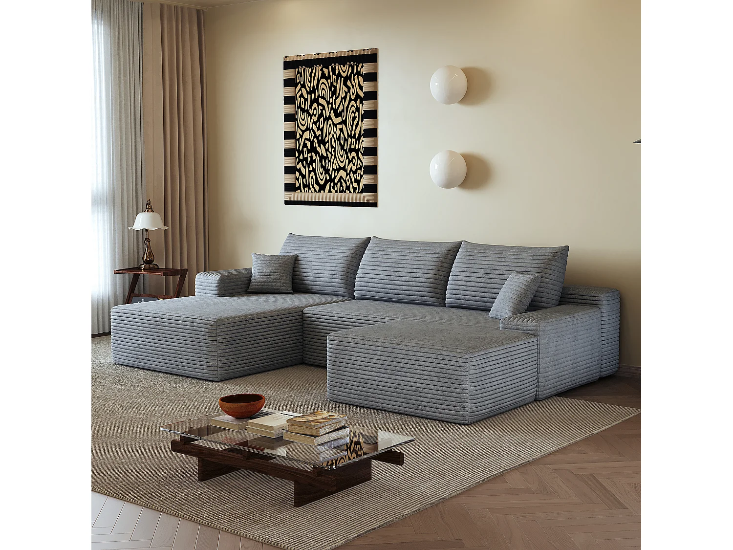 Canapé d'angle sans armature, en L à gauche, avec des coussins d'assise profonds, 2 places + 1 repose-pieds, prêt à l'emploi, gris