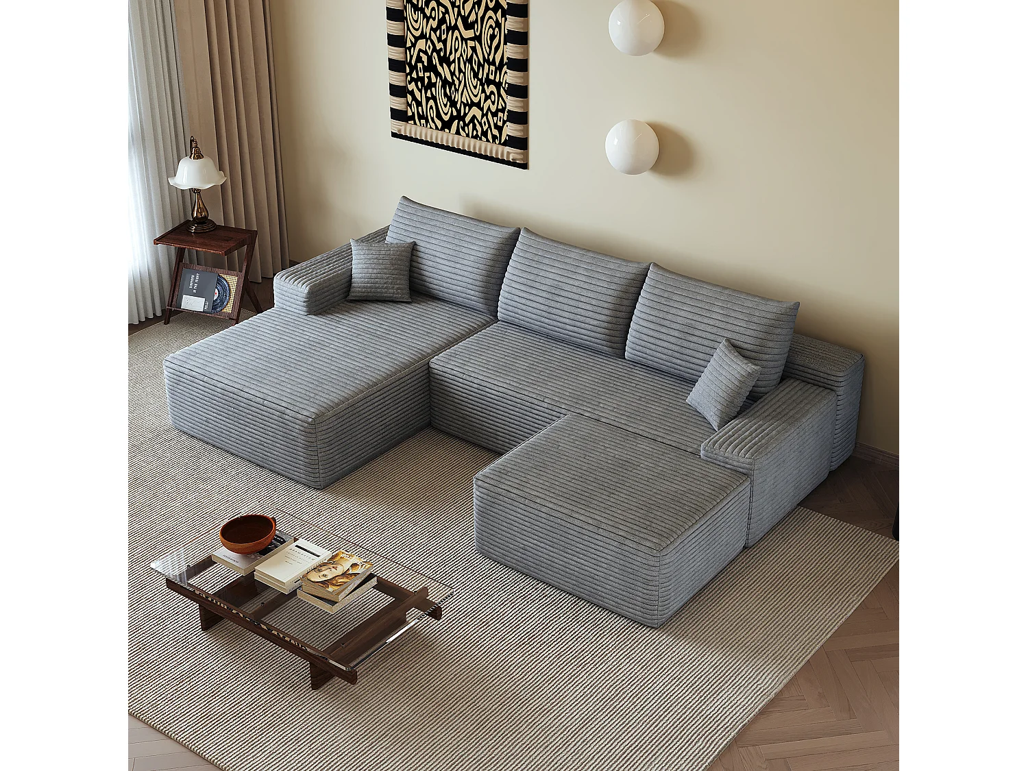 Canapé d'angle sans armature, en L à gauche, avec des coussins d'assise profonds, 2 places + 1 repose-pieds, prêt à l'emploi, gris