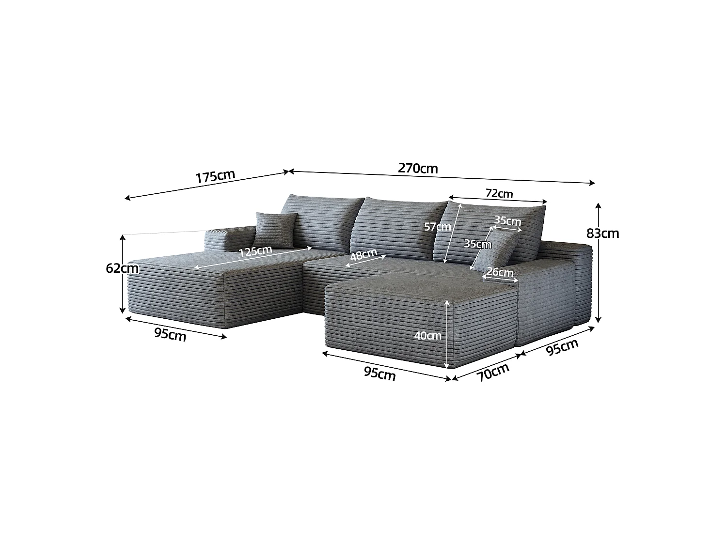 Canapé d'angle sans armature, en L à gauche, avec des coussins d'assise profonds, 2 places + 1 repose-pieds, prêt à l'emploi, gris