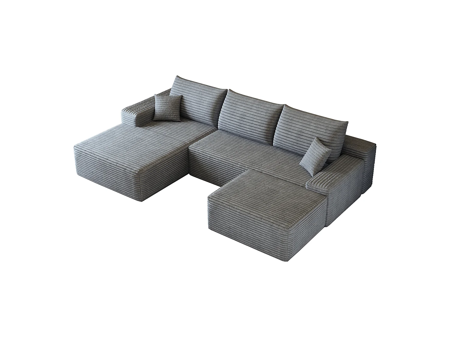 Canapé d'angle sans armature, en L à gauche, avec des coussins d'assise profonds, 2 places + 1 repose-pieds, prêt à l'emploi, gris
