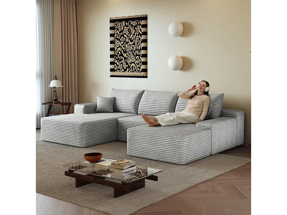 Canapé d'angle sans armature, en L à gauche, avec des coussins d'assise profonds, 2 places + 1 repose-pieds, prêt à l'emploi, gris