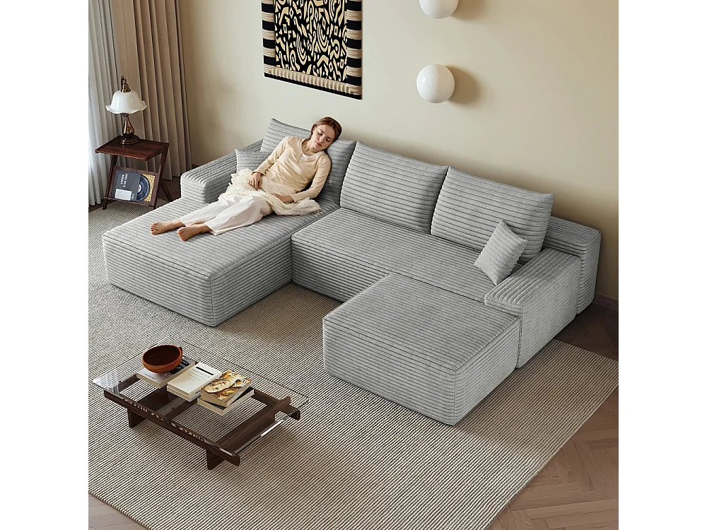Canapé d'angle sans armature, en L à gauche, avec des coussins d'assise profonds, 2 places + 1 repose-pieds, prêt à l'emploi, gris