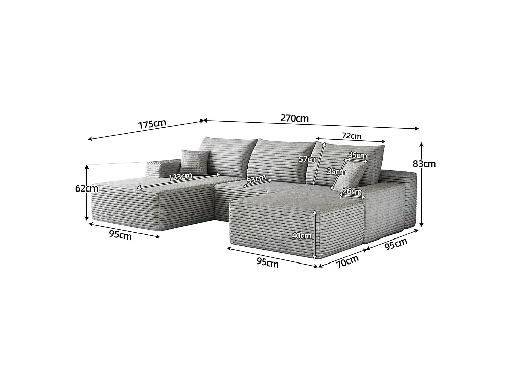 Canapé d'angle sans armature, en L à gauche, avec des coussins d'assise profonds, 2 places + 1 repose-pieds, prêt à l'emploi, gris