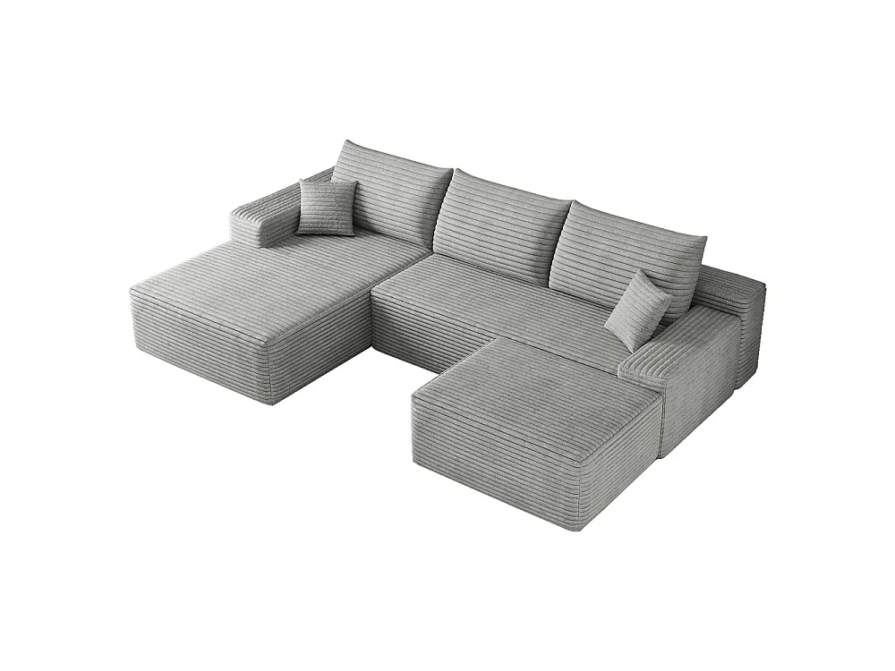 Canapé d'angle sans armature, en L à gauche, avec des coussins d'assise profonds, 2 places + 1 repose-pieds, prêt à l'emploi, gris
