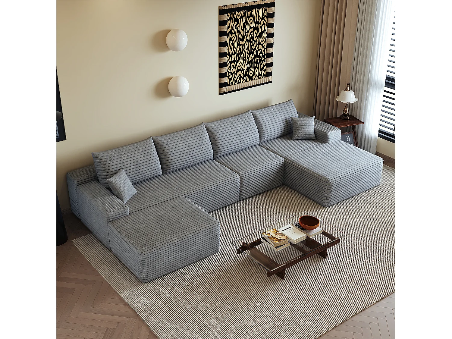 Canapé d'angle modulaire, en L à droite, 5 places + un repose-pieds, coussins d'assise profonds, prêt à l'emploi, gris
