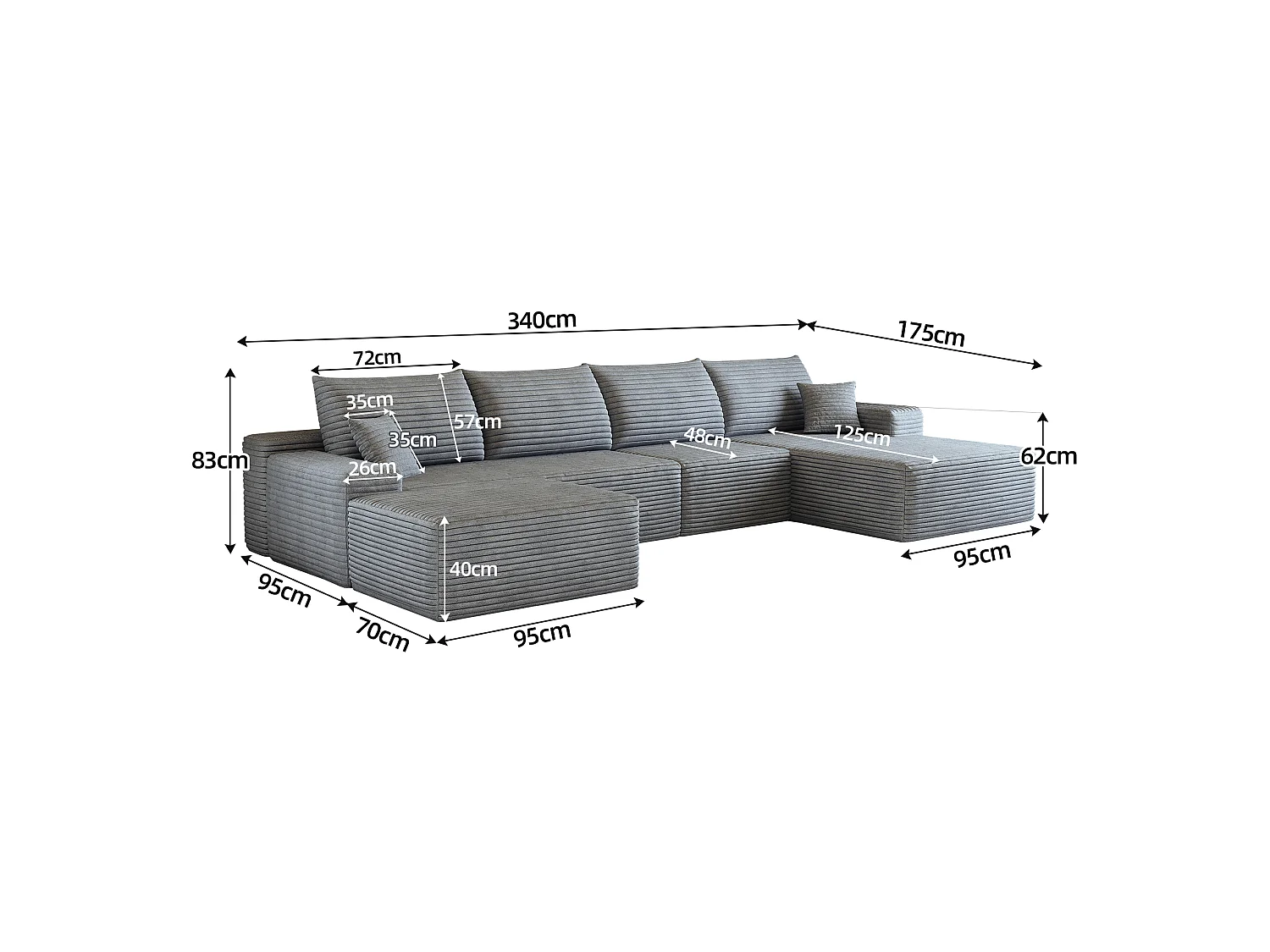 Canapé d'angle modulaire, en L à droite, 5 places + un repose-pieds, coussins d'assise profonds, prêt à l'emploi, gris