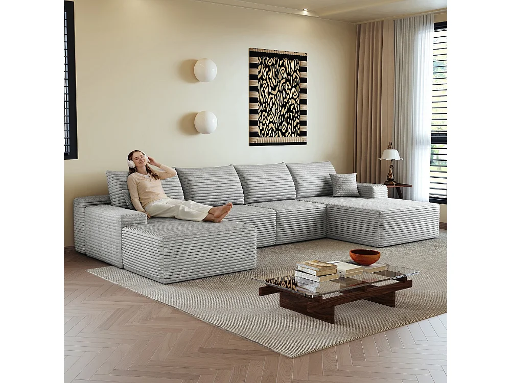 Canapé d'angle modulaire, en L à droite, 5 places + un repose-pieds, coussins d'assise profonds, prêt à l'emploi, gris