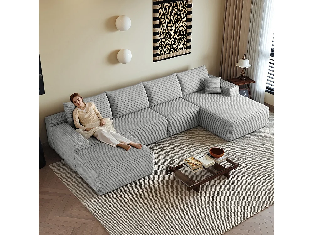 Canapé d'angle modulaire, en L à droite, 5 places + un repose-pieds, coussins d'assise profonds, prêt à l'emploi, gris