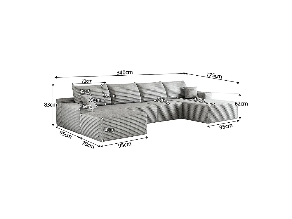 Canapé d'angle modulaire, en L à droite, 5 places + un repose-pieds, coussins d'assise profonds, prêt à l'emploi, gris