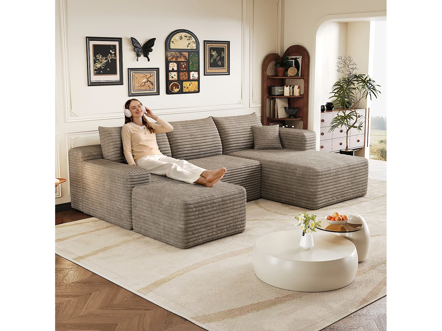 Canapé en L avec méridienne à droite, assise profonde, style minimaliste moderne, motif « nuages », prêt à l'emploi, couleur camel