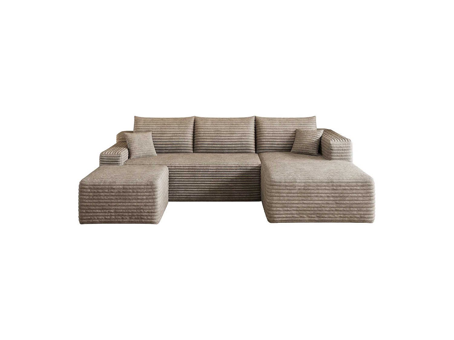 Canapé en L avec méridienne à droite, assise profonde, style minimaliste moderne, motif « nuages », prêt à l'emploi, couleur camel