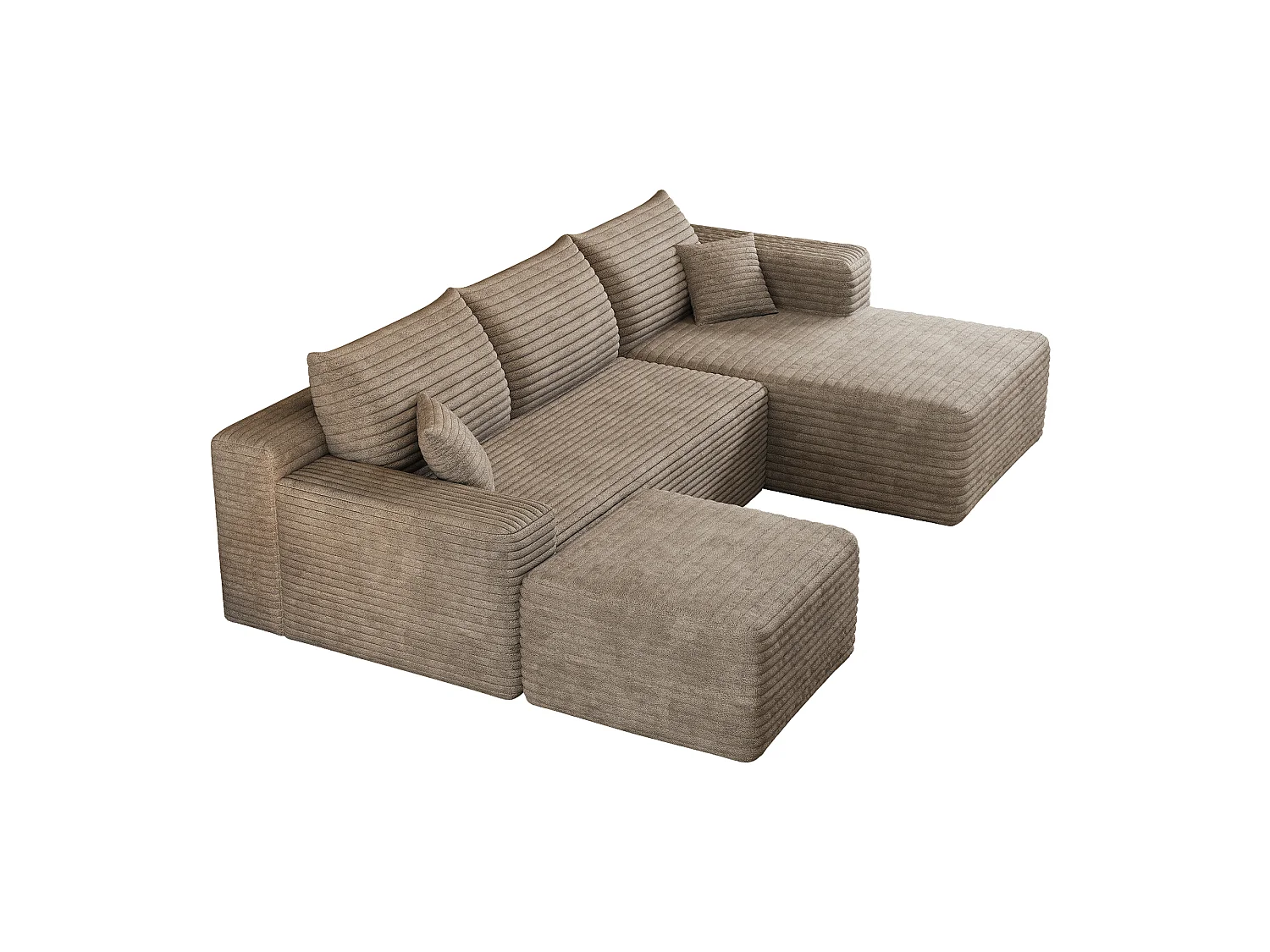Canapé en L avec méridienne à droite, assise profonde, style minimaliste moderne, motif « nuages », prêt à l'emploi, couleur camel