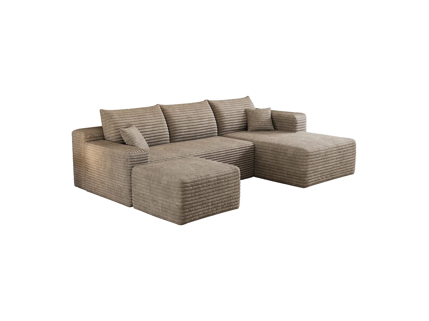 Canapé en L avec méridienne à droite, assise profonde, style minimaliste moderne, motif « nuages », prêt à l'emploi, couleur camel
