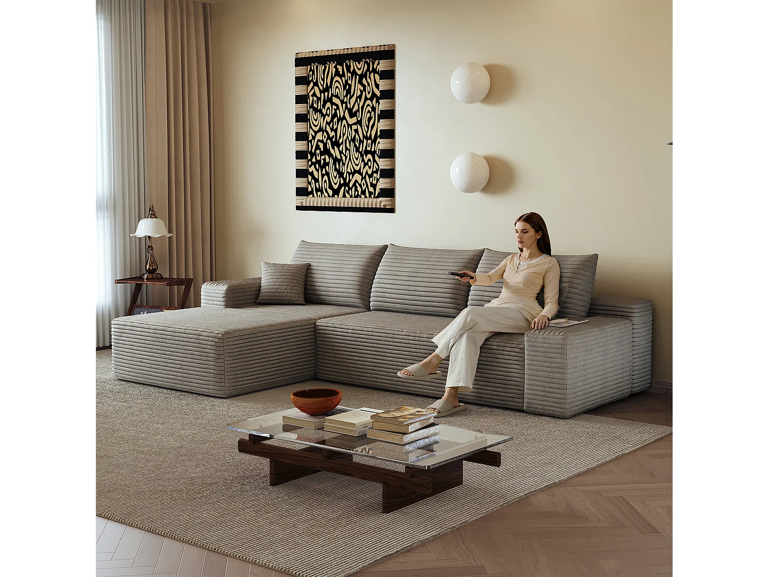 Canapé d'angle modulaire sans armature, avec partie en L à gauche, assise profonde, prêt à l'emploi, couleur camel
