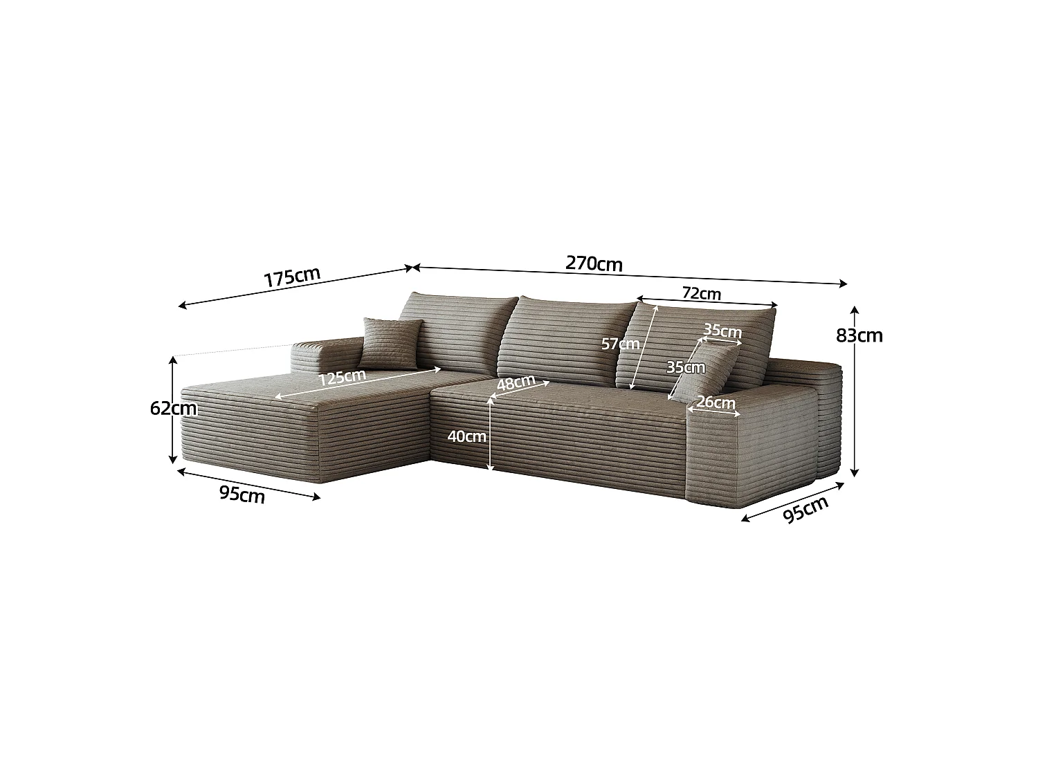 Canapé d'angle modulaire sans armature, avec partie en L à gauche, assise profonde, prêt à l'emploi, couleur camel