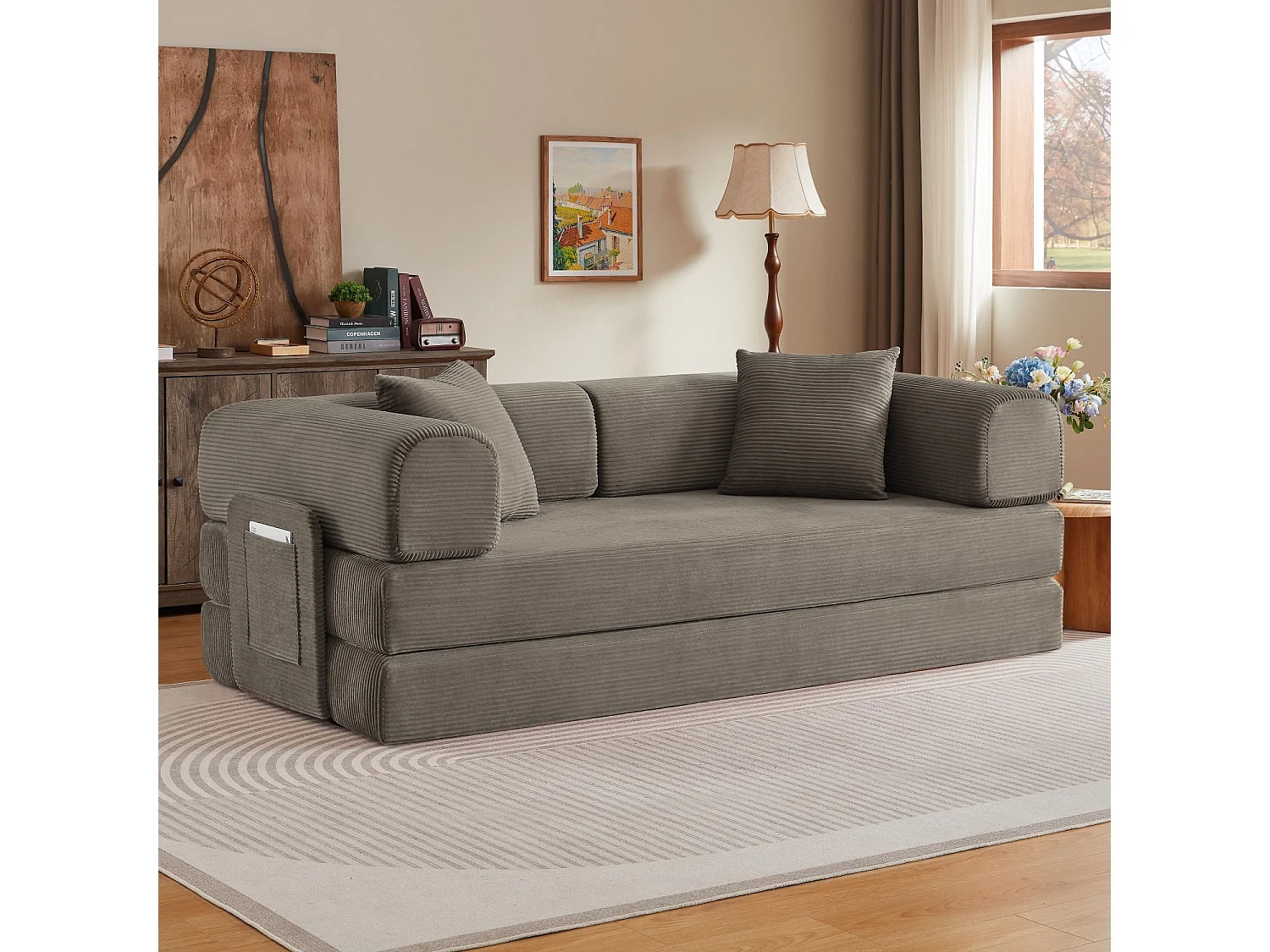 Canapé modulable, sans armature, livré avec 2 coussins et un cadre en acier, convertible en lit,gris-brun