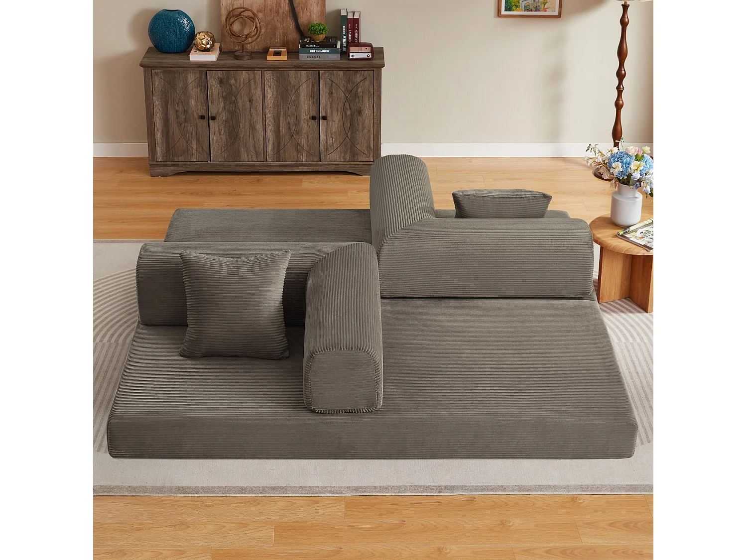 Canapé modulable, sans armature, livré avec 2 coussins et un cadre en acier, convertible en lit,gris-brun