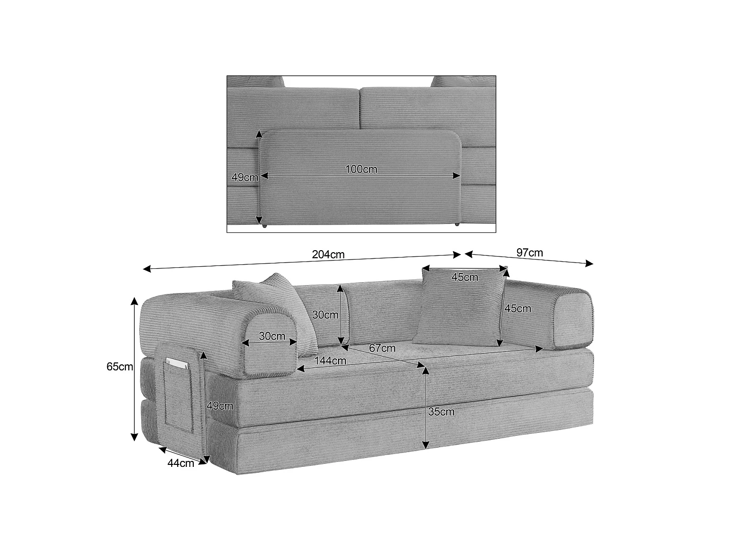 Canapé modulable, sans armature, livré avec 2 coussins et un cadre en acier, convertible en lit,gris-brun