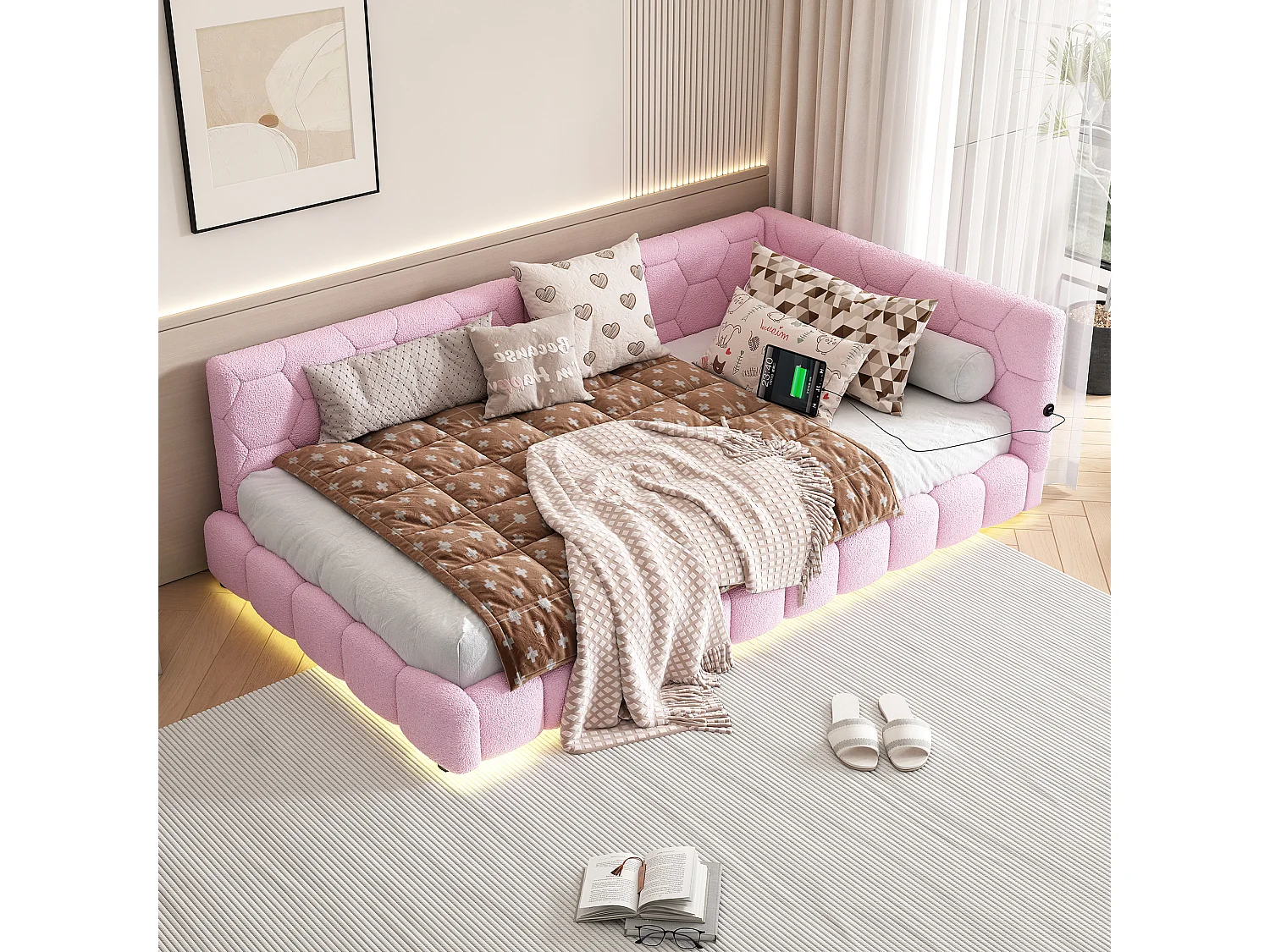 Canapé-lit 90 × 200 cm, lit avec sommier à lattes, éclairage d'ambiance à 16 couleurs, port USB-C, tissu imitation peluche, rose
