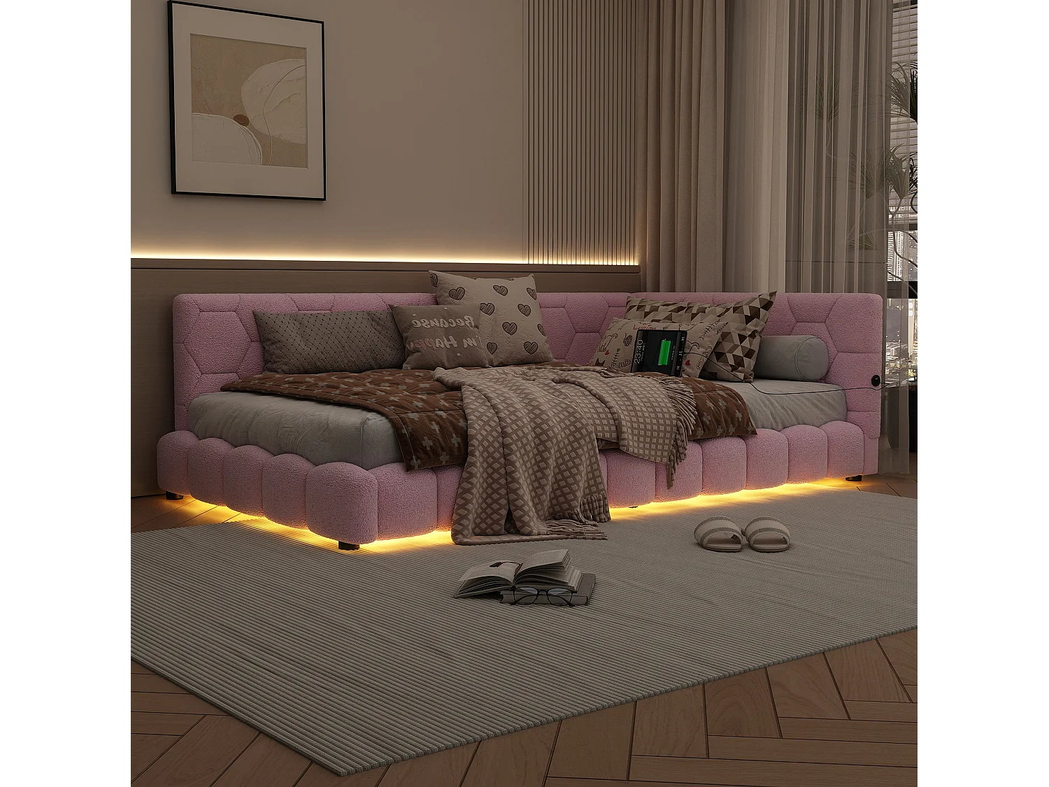 Canapé-lit 90 × 200 cm, lit avec sommier à lattes, éclairage d'ambiance à 16 couleurs, port USB-C, tissu imitation peluche, rose