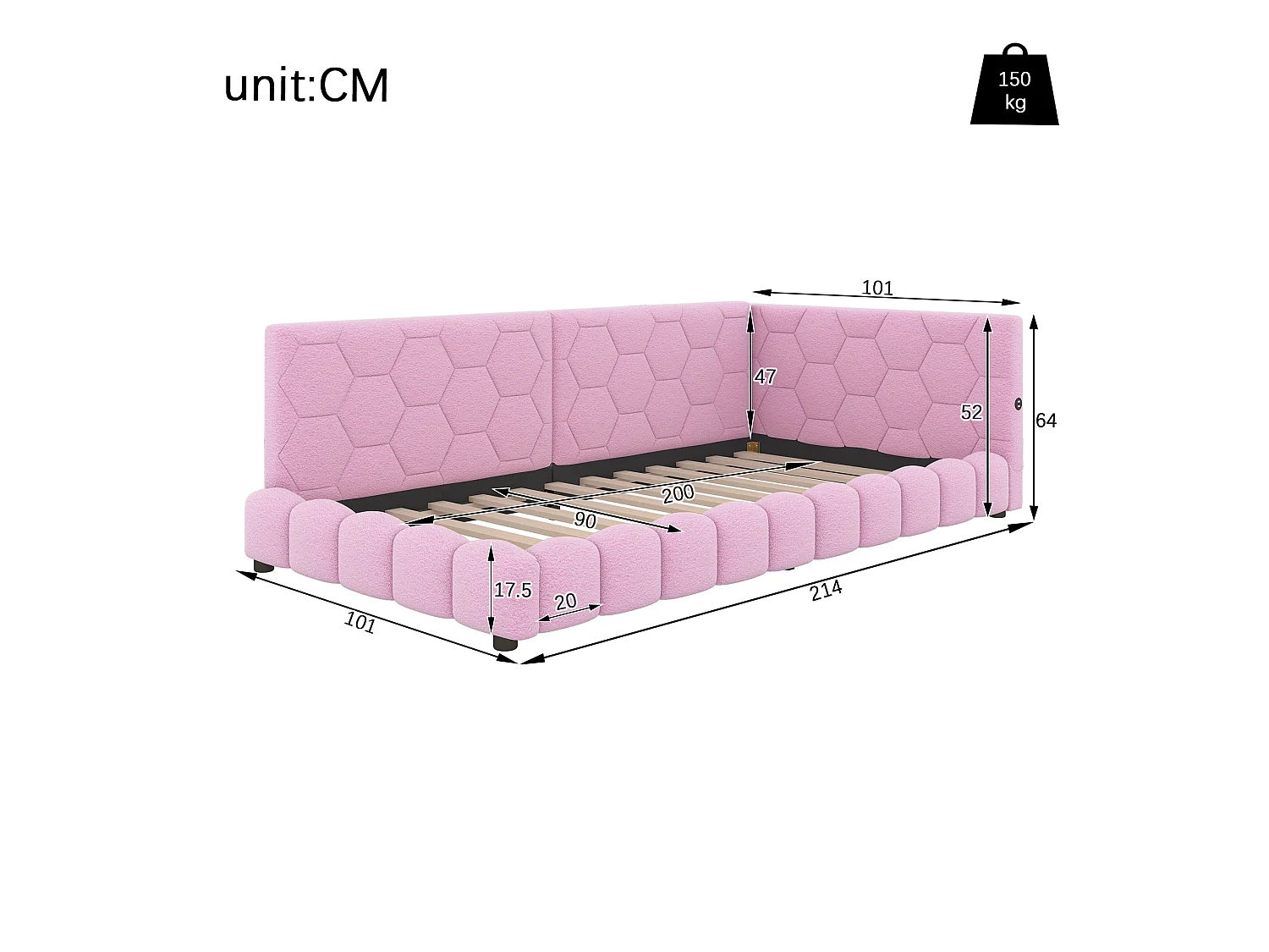 Canapé-lit 90 × 200 cm, lit avec sommier à lattes, éclairage d'ambiance à 16 couleurs, port USB-C, tissu imitation peluche, rose
