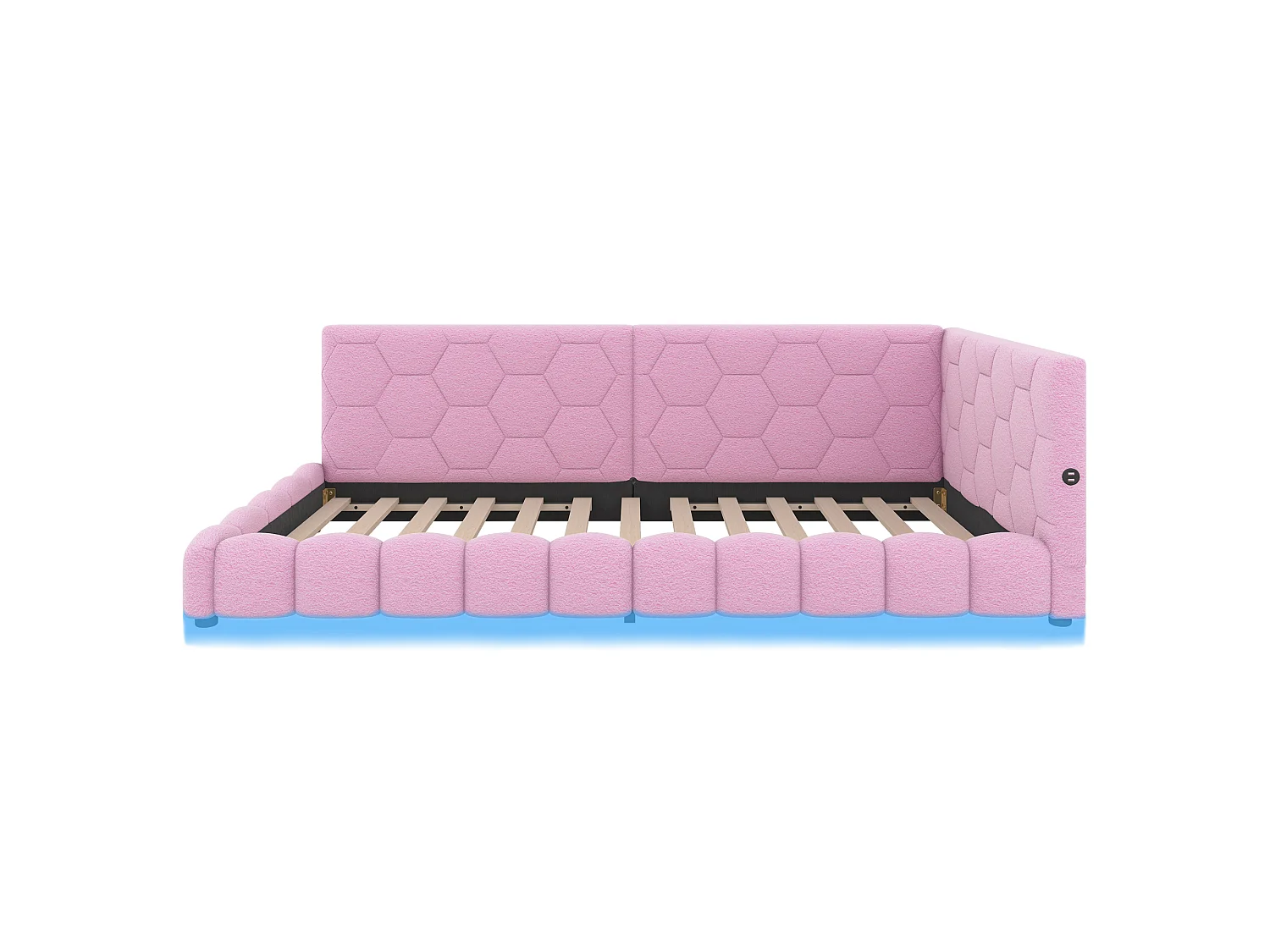 Canapé-lit 90 × 200 cm, lit avec sommier à lattes, éclairage d'ambiance à 16 couleurs, port USB-C, tissu imitation peluche, rose
