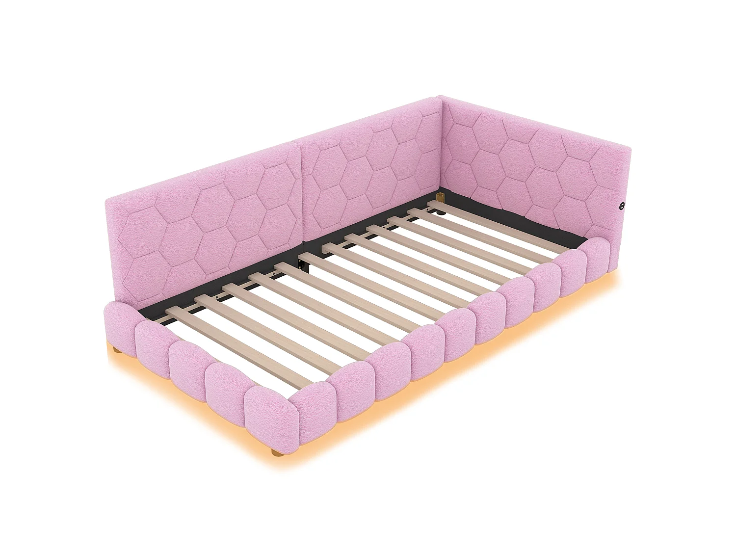 Canapé-lit 90 × 200 cm, lit avec sommier à lattes, éclairage d'ambiance à 16 couleurs, port USB-C, tissu imitation peluche, rose