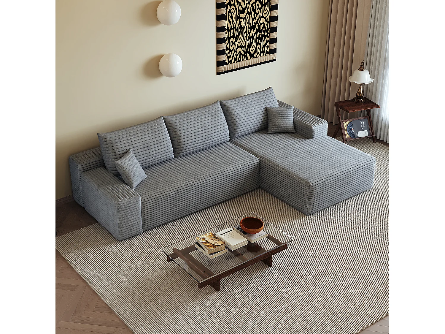 Canapé d'angle modulaire sans armature, avec partie en L à droite, assise profonde, prêt à l'emploi, gris