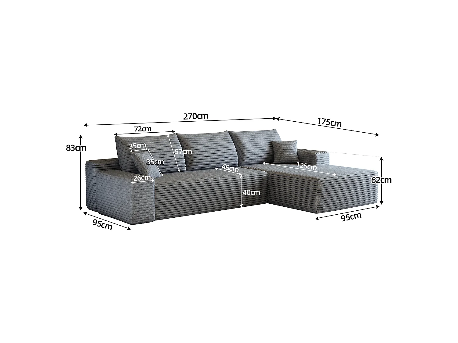 Canapé d'angle modulaire sans armature, avec partie en L à droite, assise profonde, prêt à l'emploi, gris